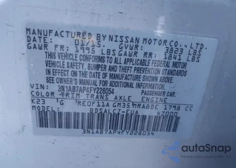 2015 Nissan Sentra S из США, поврежденный, VIN 3N1AB7AP4FY228054